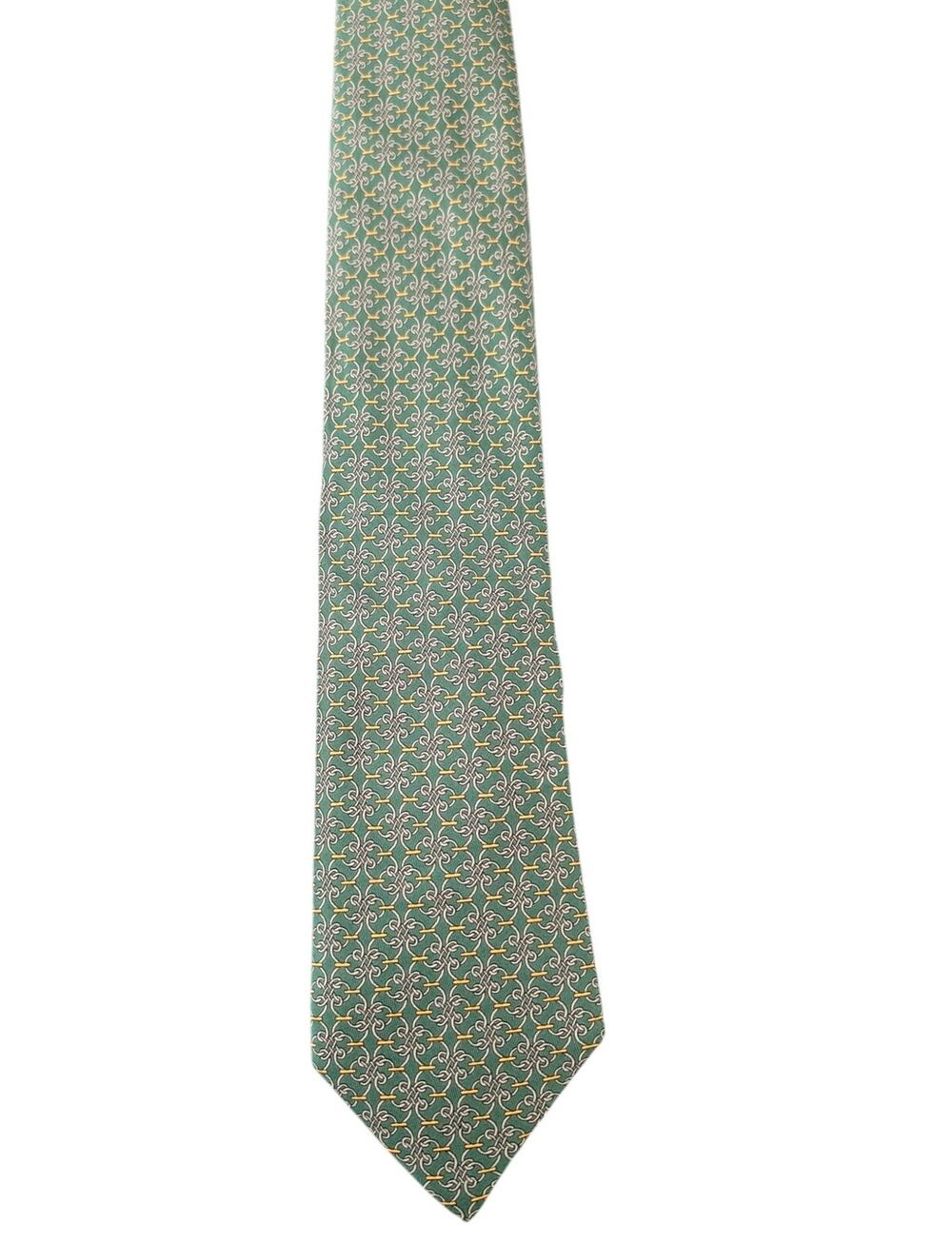 Vintage Hermès 100% Silk Men's Green Tie With Gold & Grey Geometric Designs
